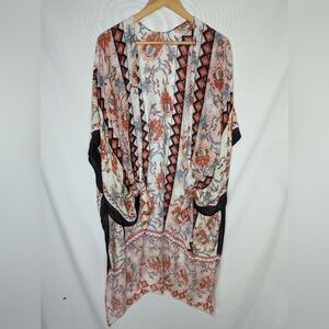 Dark Red and Blue Floral Aztec Print Kimono One Size